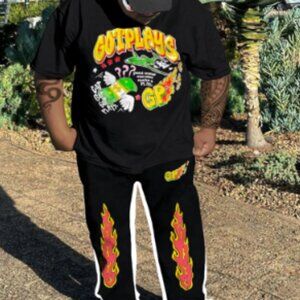 Men's Plus Size Got Plays Letter Print Cartoon Graffiti T-Shirt and Pants